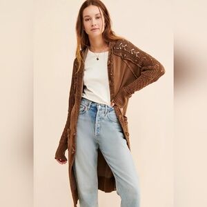 Free People Brown Cable Knit Longline Cardigan